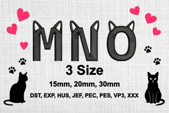 Cat Ears Embroidery Font Alphabet M N O: A Playful Touch for Boutique Apparel