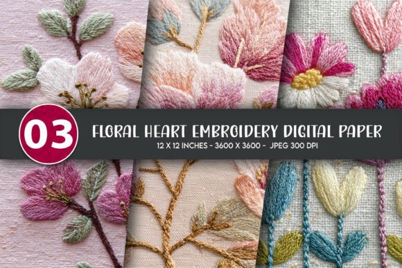Floral Heart Embroidery Digital Paper